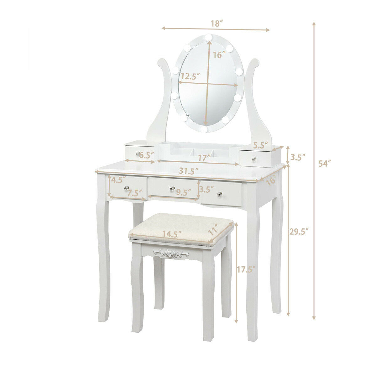 10 Dimmable Lights Vanity Table Set with Lighted Mirror and Cushioned Stool, White Makeup Vanities   at Gallery Canada