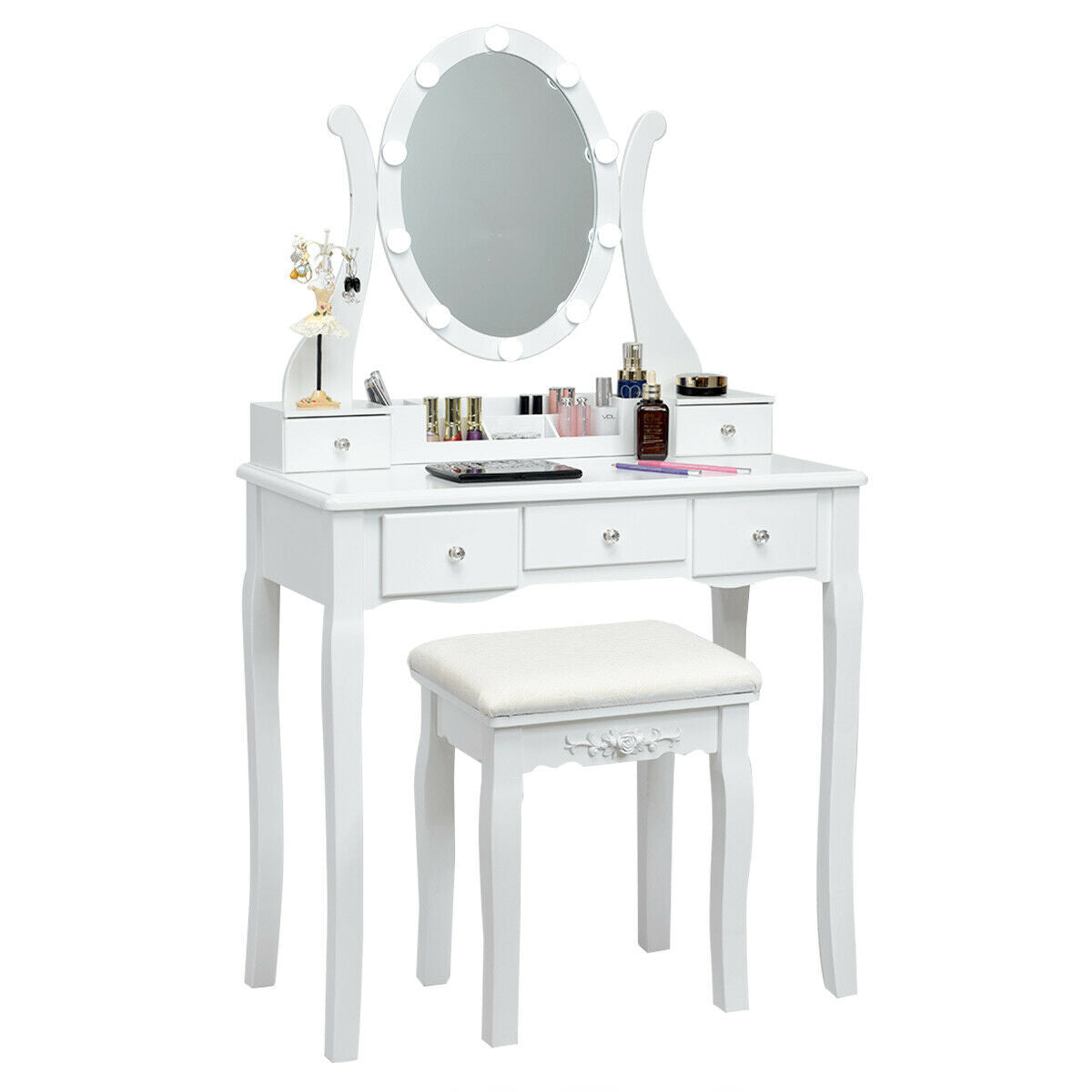 10 Dimmable Lights Vanity Table Set with Lighted Mirror and Cushioned Stool, White Makeup Vanities White  at Gallery Canada