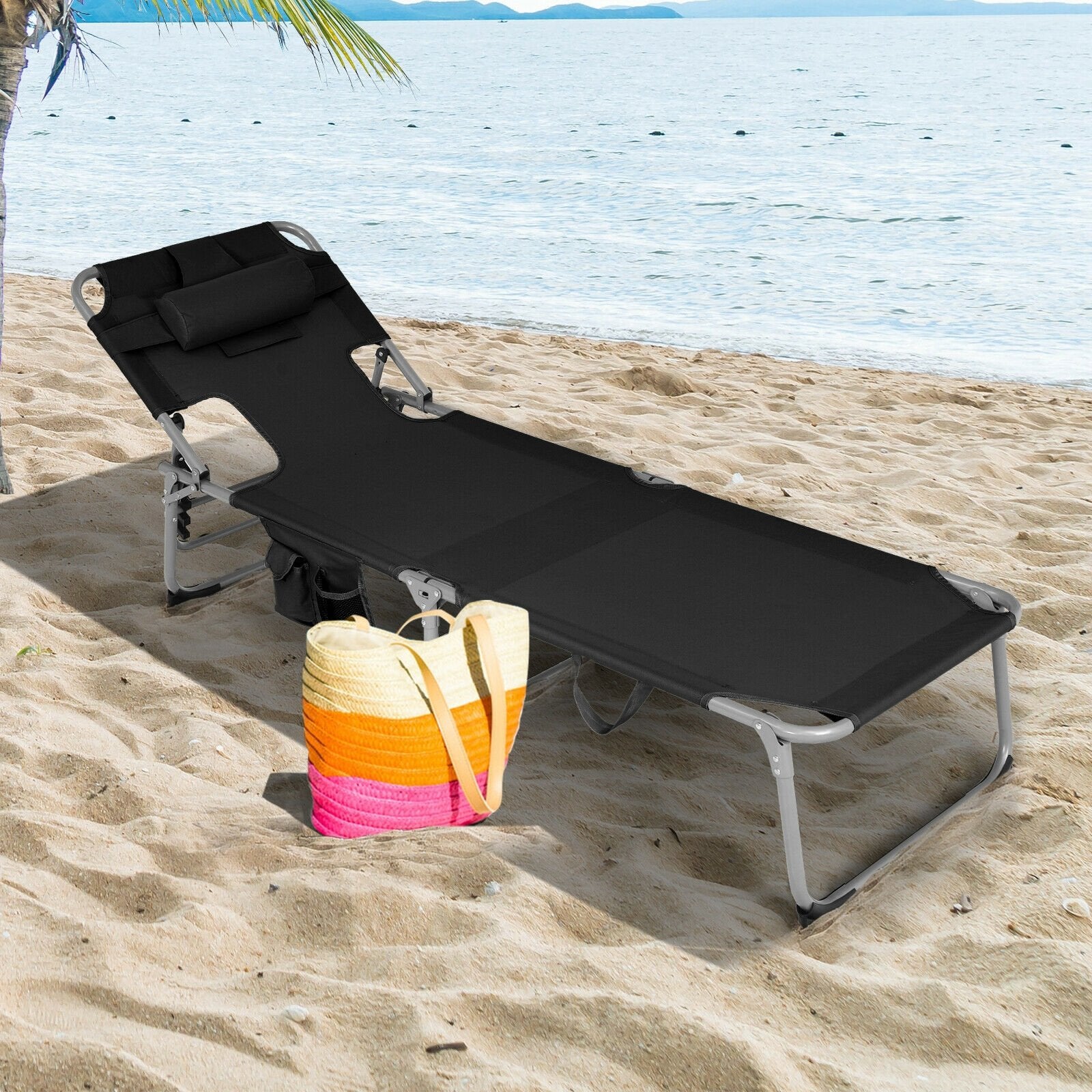 Folding Beach Lounge Chair with Pillow for Outdoor, Black Outdoor Chaise Lounges   at Gallery Canada