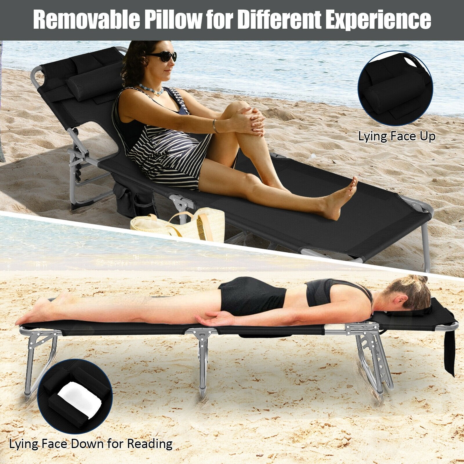 Folding Beach Lounge Chair with Pillow for Outdoor, Black Outdoor Chaise Lounges   at Gallery Canada