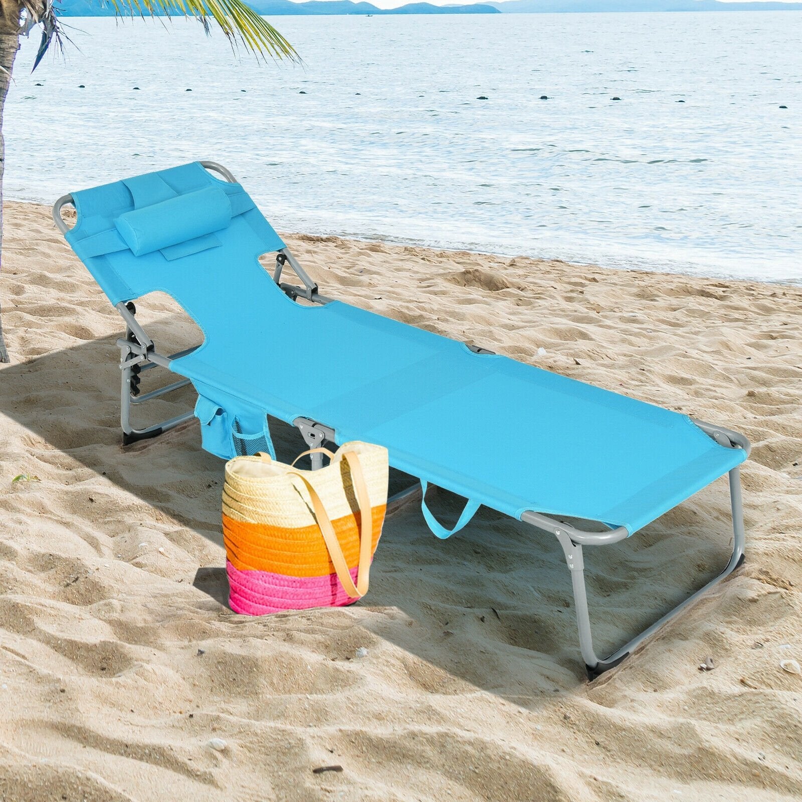 Folding Beach Lounge Chair with Pillow for Outdoor, Turquoise Outdoor Chaise Lounges   at Gallery Canada