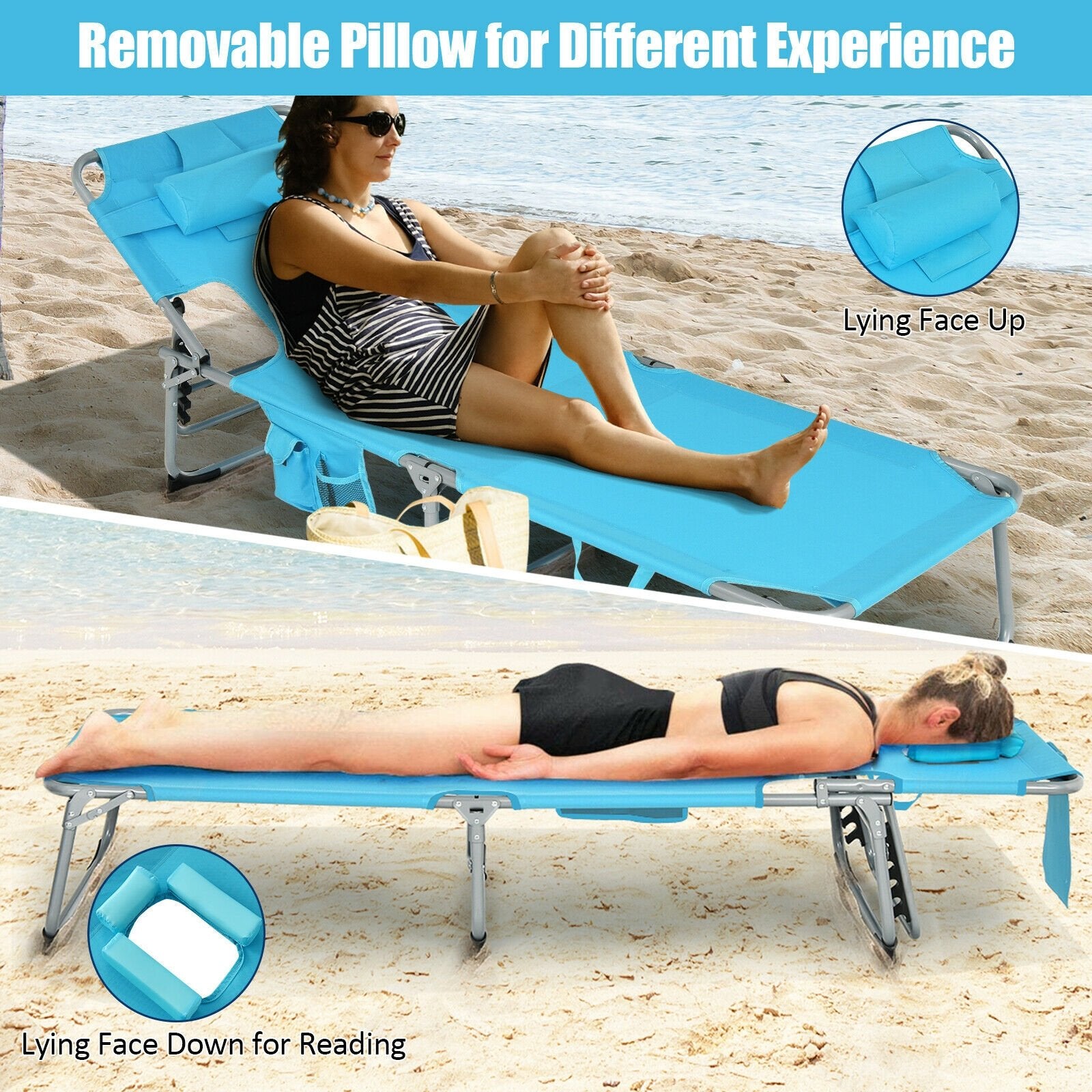 Folding Beach Lounge Chair with Pillow for Outdoor, Turquoise Outdoor Chaise Lounges   at Gallery Canada