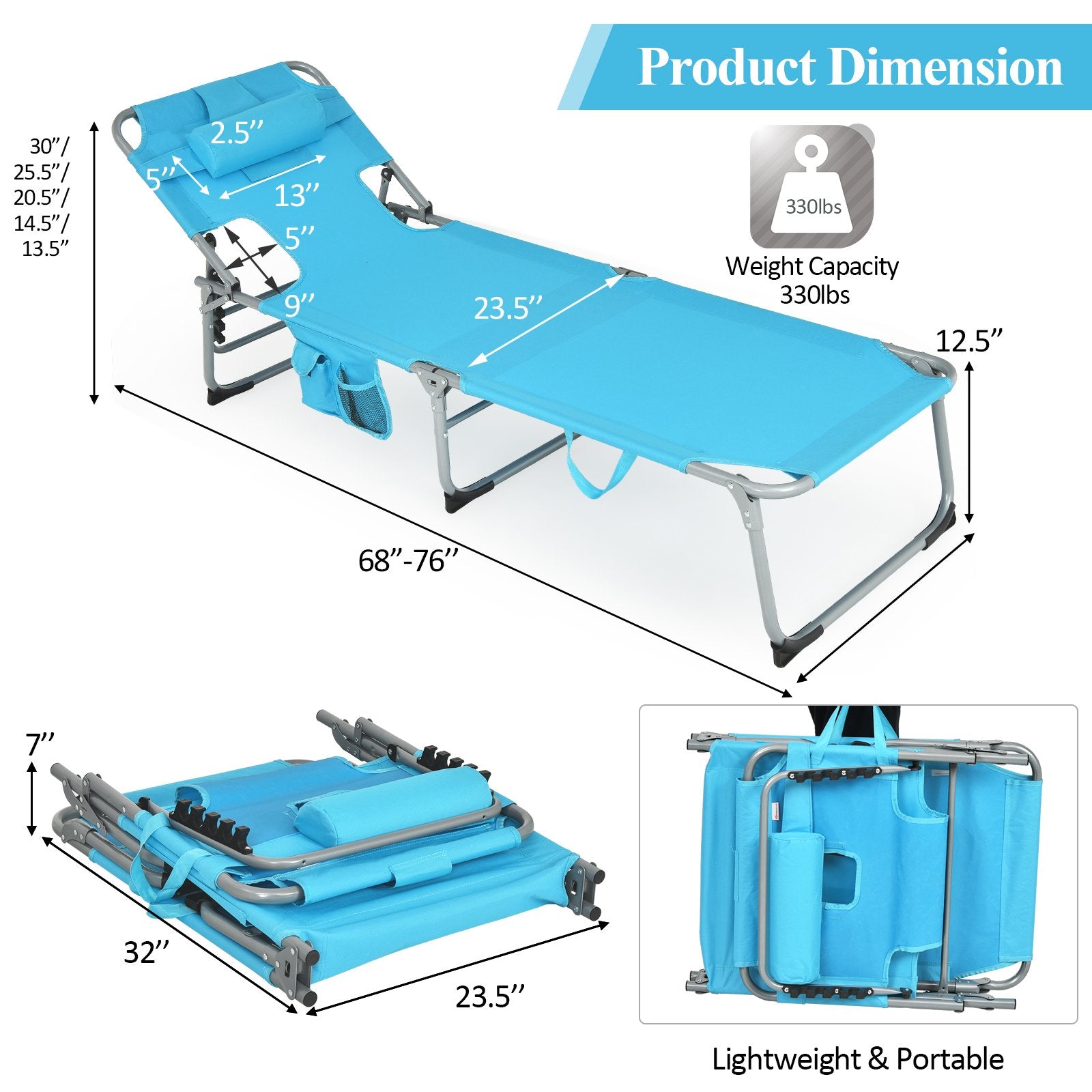 Folding Beach Lounge Chair with Pillow for Outdoor, Turquoise Outdoor Chaise Lounges   at Gallery Canada