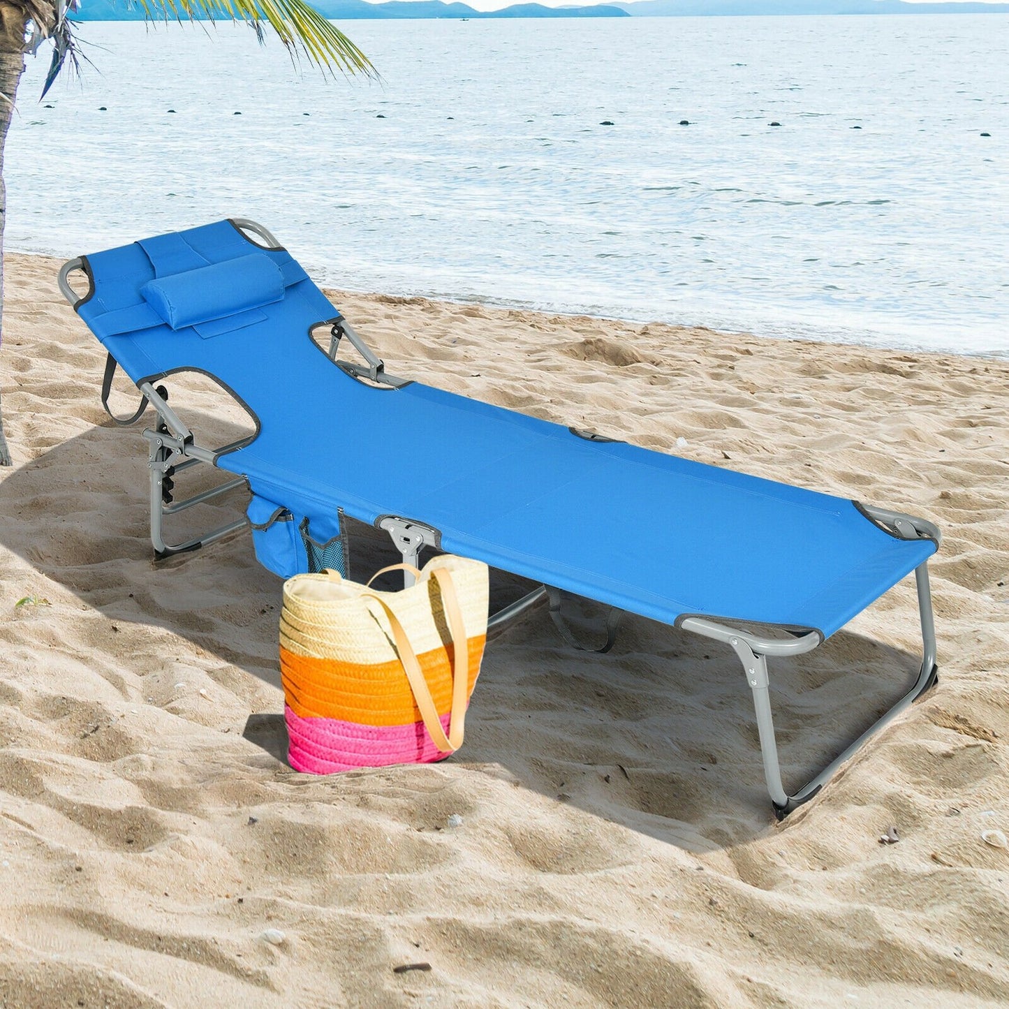 Folding Beach Lounge Chair with Pillow for Outdoor, Blue - Gallery Canada