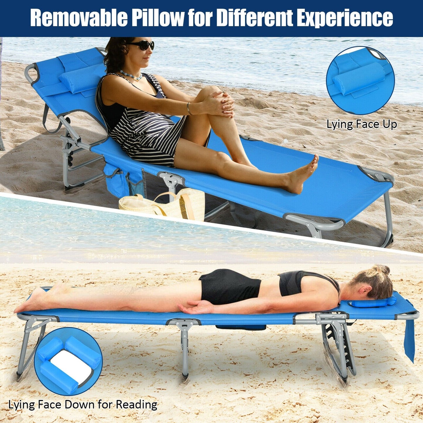 Folding Beach Lounge Chair with Pillow for Outdoor, Blue Outdoor Chaise Lounges   at Gallery Canada