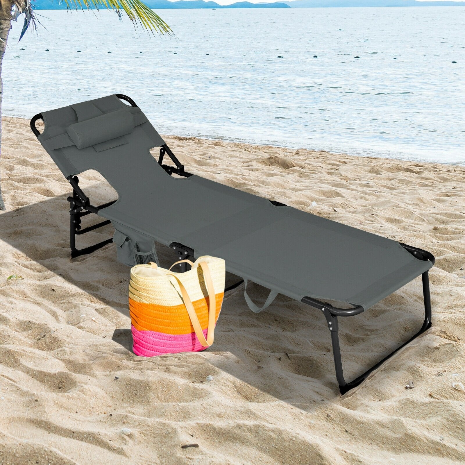 Folding Beach Lounge Chair with Pillow for Outdoor, Gray Outdoor Chaise Lounges   at Gallery Canada