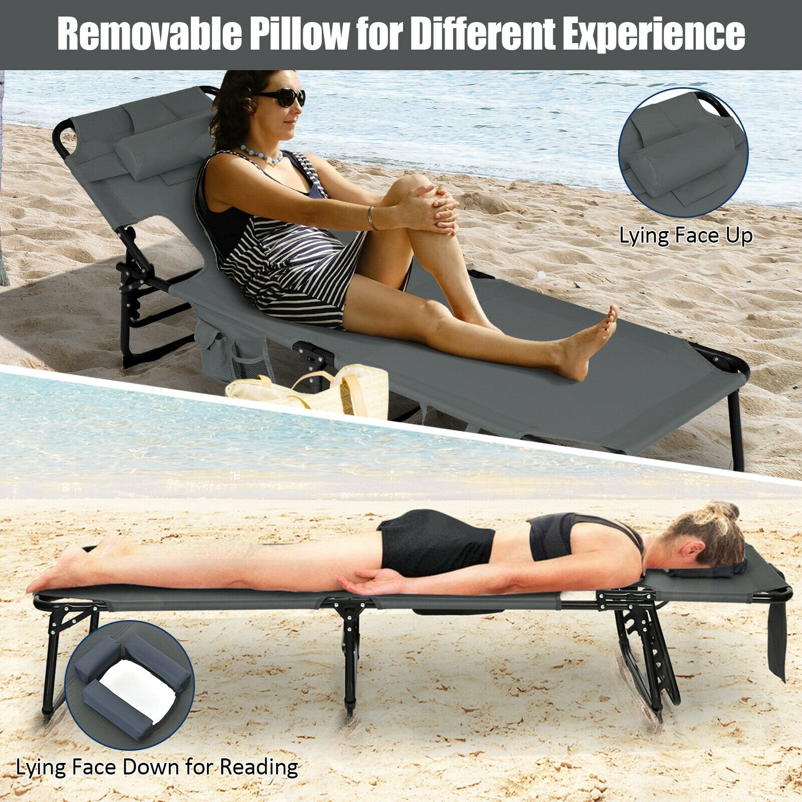 Folding Beach Lounge Chair with Pillow for Outdoor, Gray - Gallery Canada