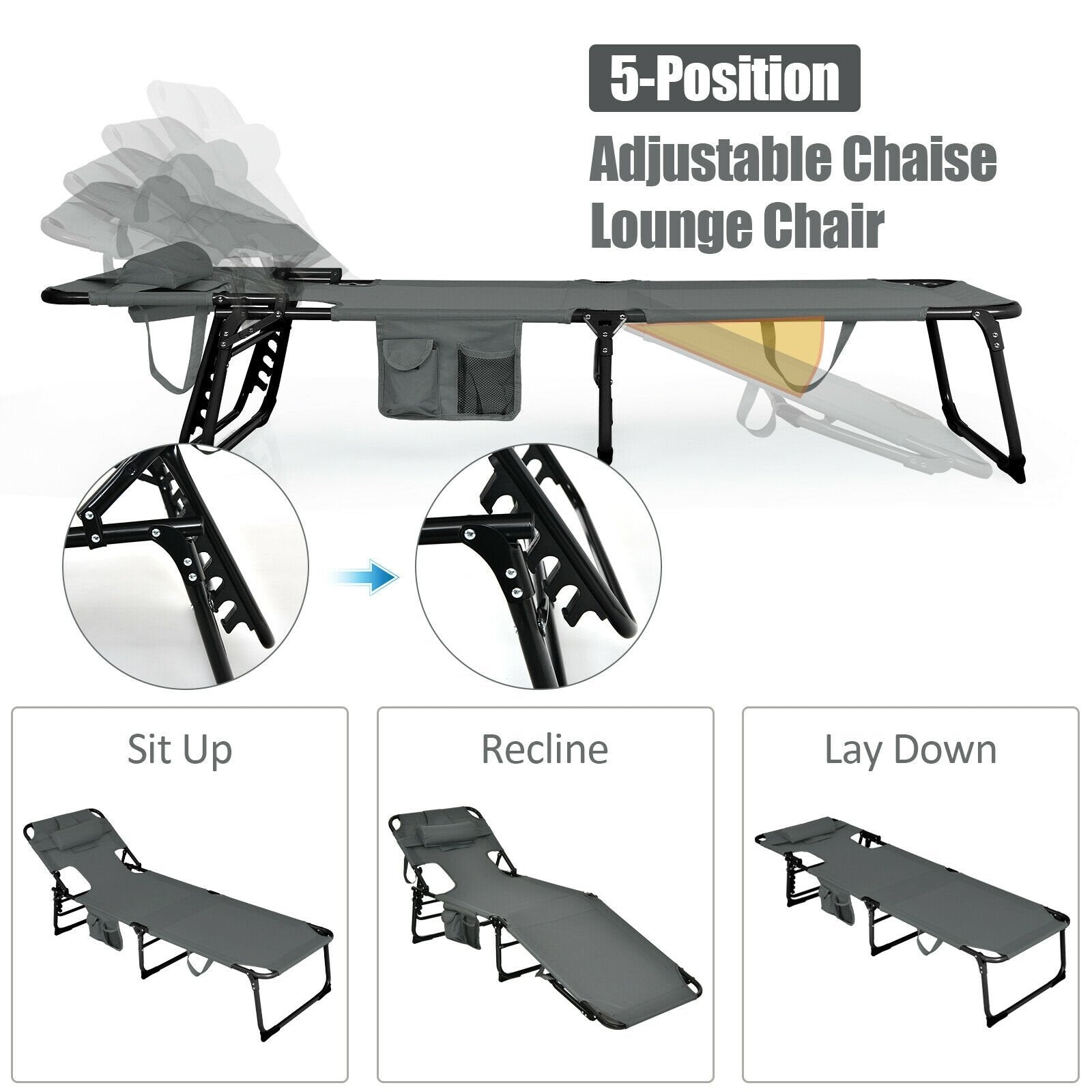 Folding Beach Lounge Chair with Pillow for Outdoor, Gray Outdoor Chaise Lounges   at Gallery Canada