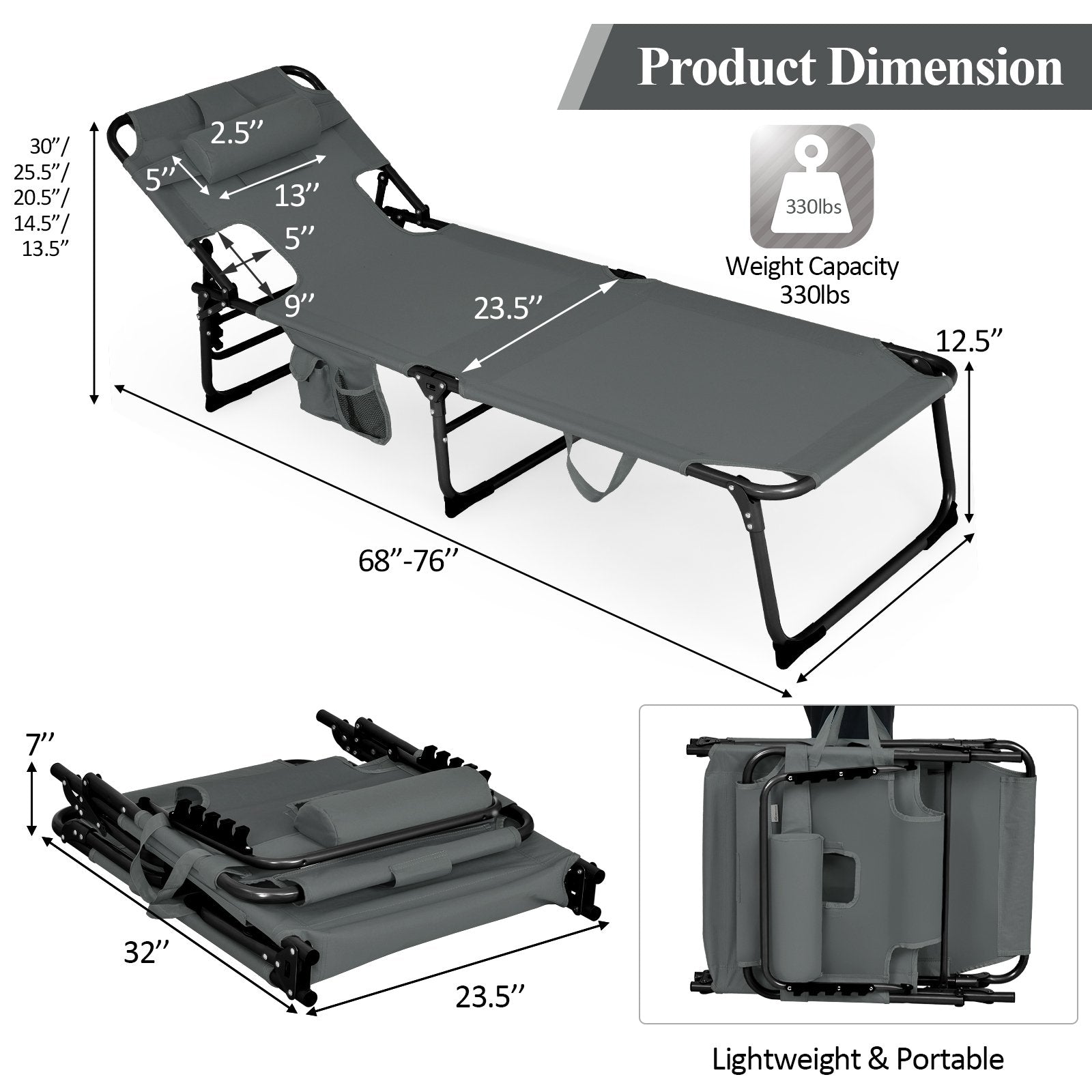 Folding Beach Lounge Chair with Pillow for Outdoor, Gray - Gallery Canada