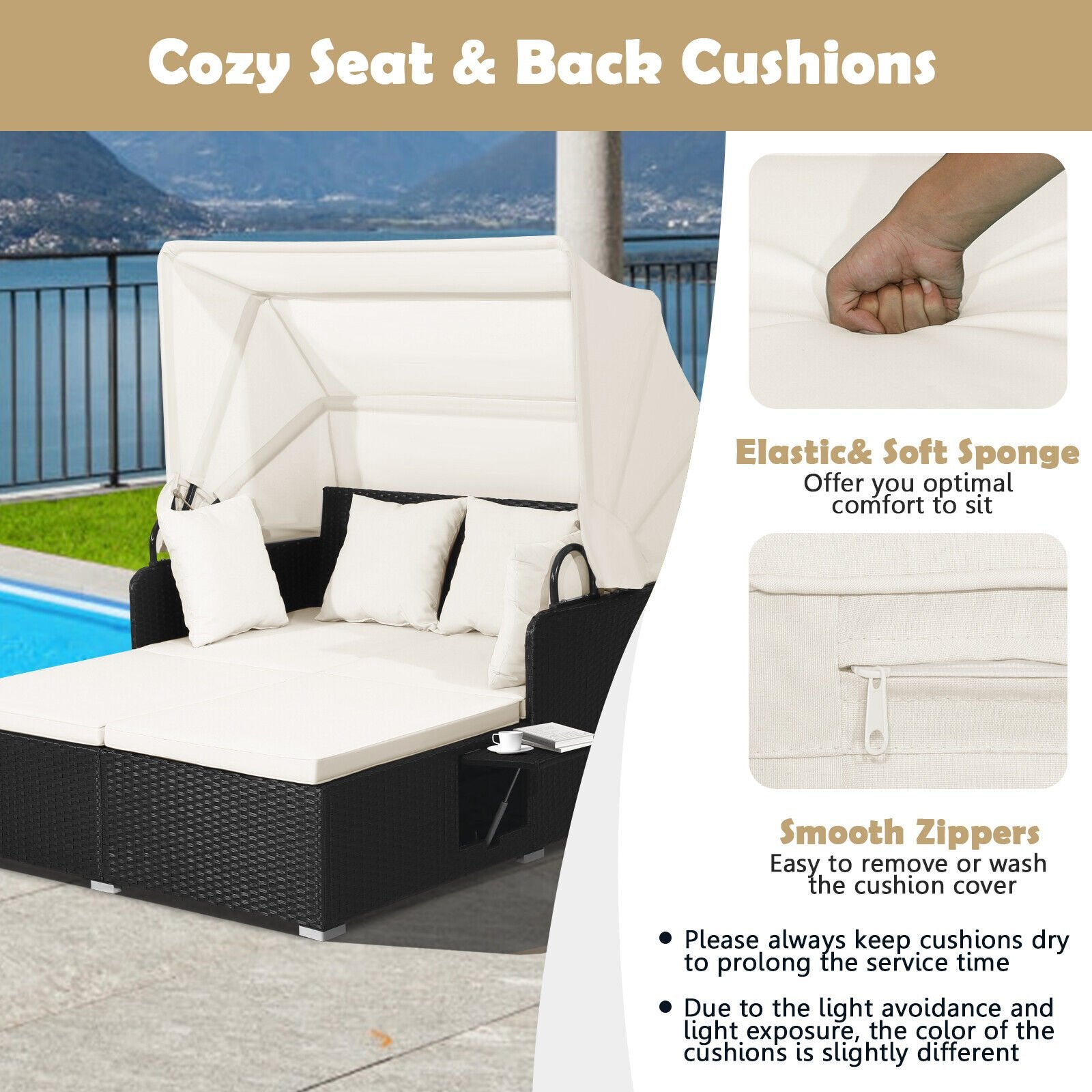 Patio Rattan Daybed with Retractable Canopy and Side Tables, Off White - Gallery Canada