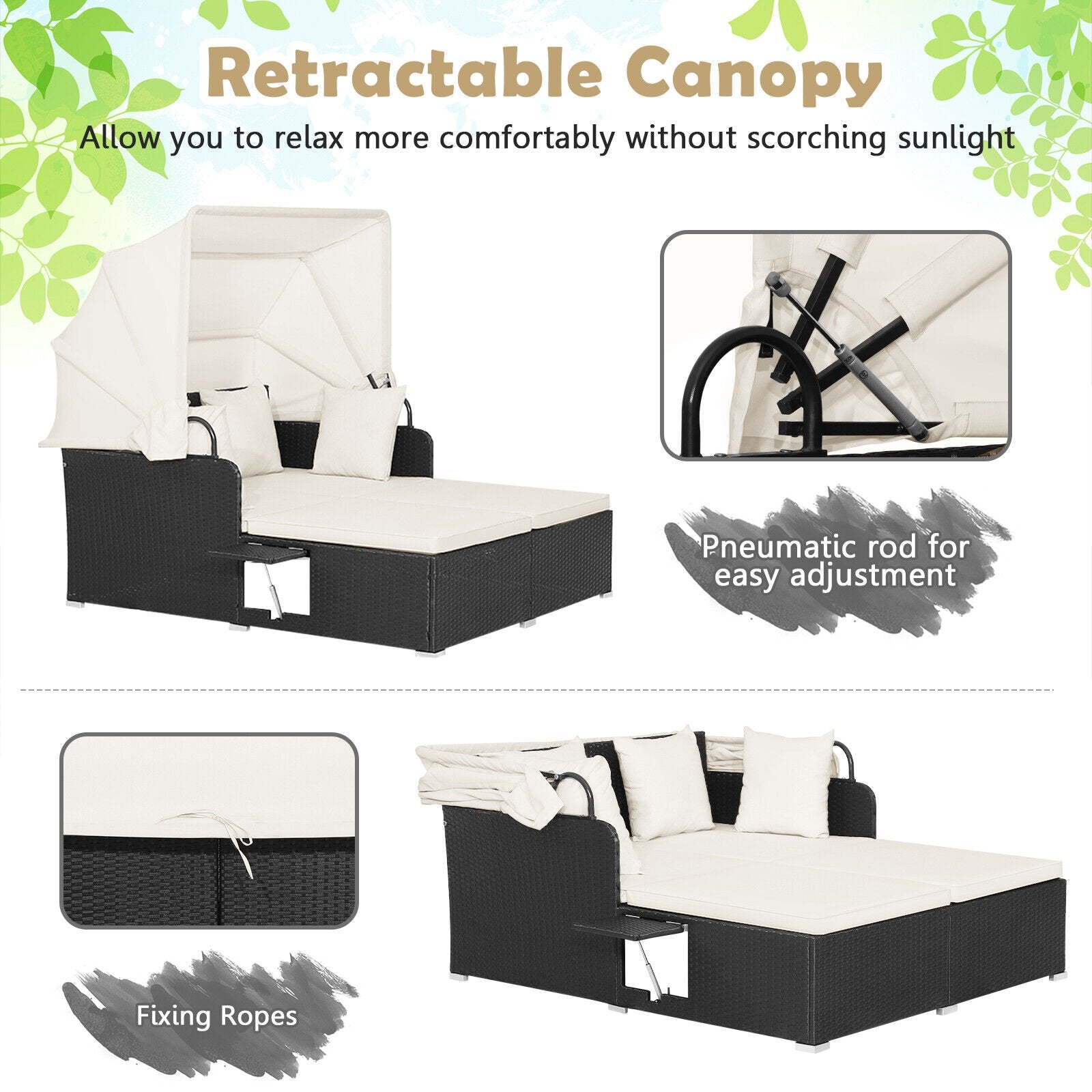 Patio Rattan Daybed with Retractable Canopy and Side Tables, Off White - Gallery Canada