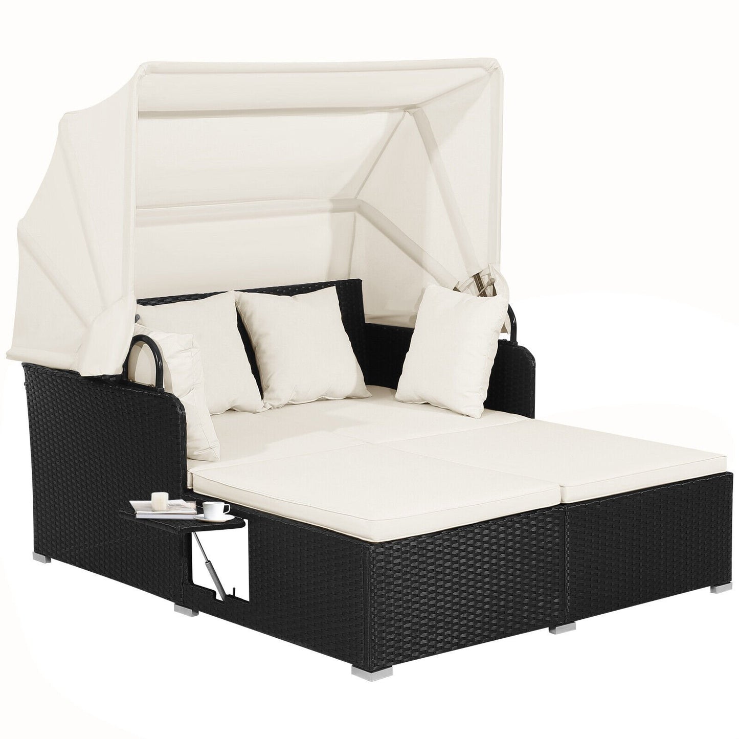 Patio Rattan Daybed with Retractable Canopy and Side Tables, Off White Outdoor Sectionals   at Gallery Canada