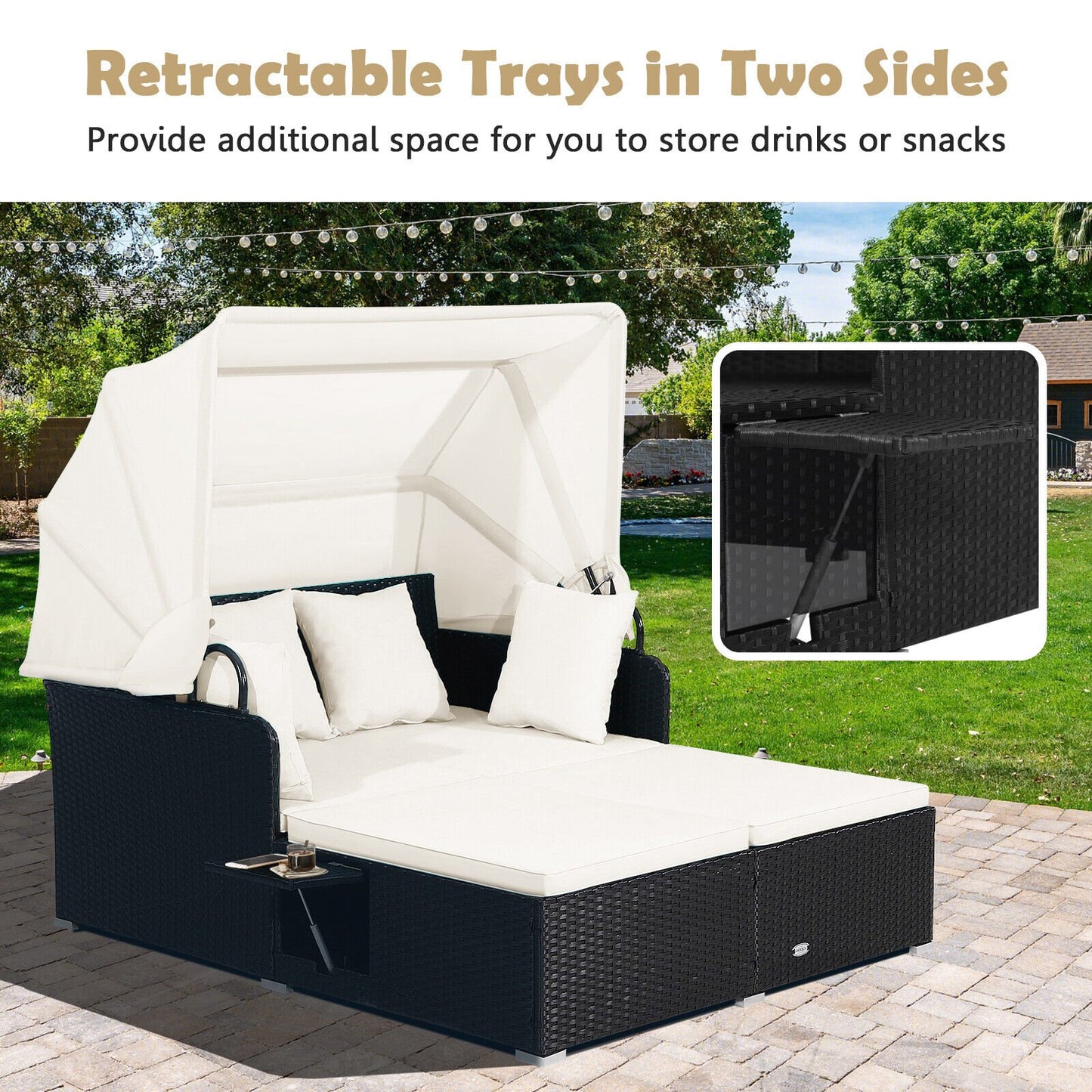 Patio Rattan Daybed with Retractable Canopy and Side Tables, Off White - Gallery Canada