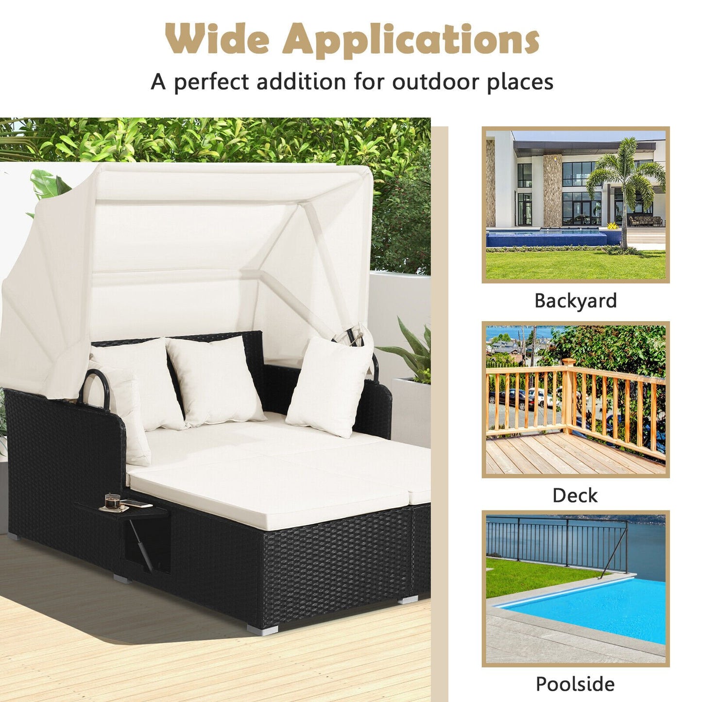 Patio Rattan Daybed with Retractable Canopy and Side Tables, Off White - Gallery Canada