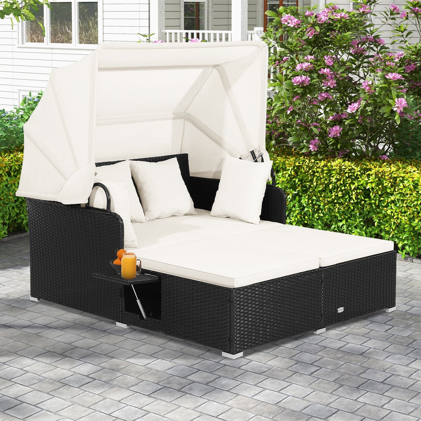 Patio Rattan Daybed with Retractable Canopy and Side Tables, Off White Outdoor Sectionals   at Gallery Canada