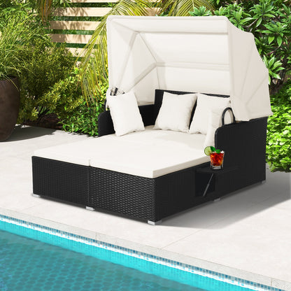 Patio Rattan Daybed with Retractable Canopy and Side Tables, Off White - Gallery Canada