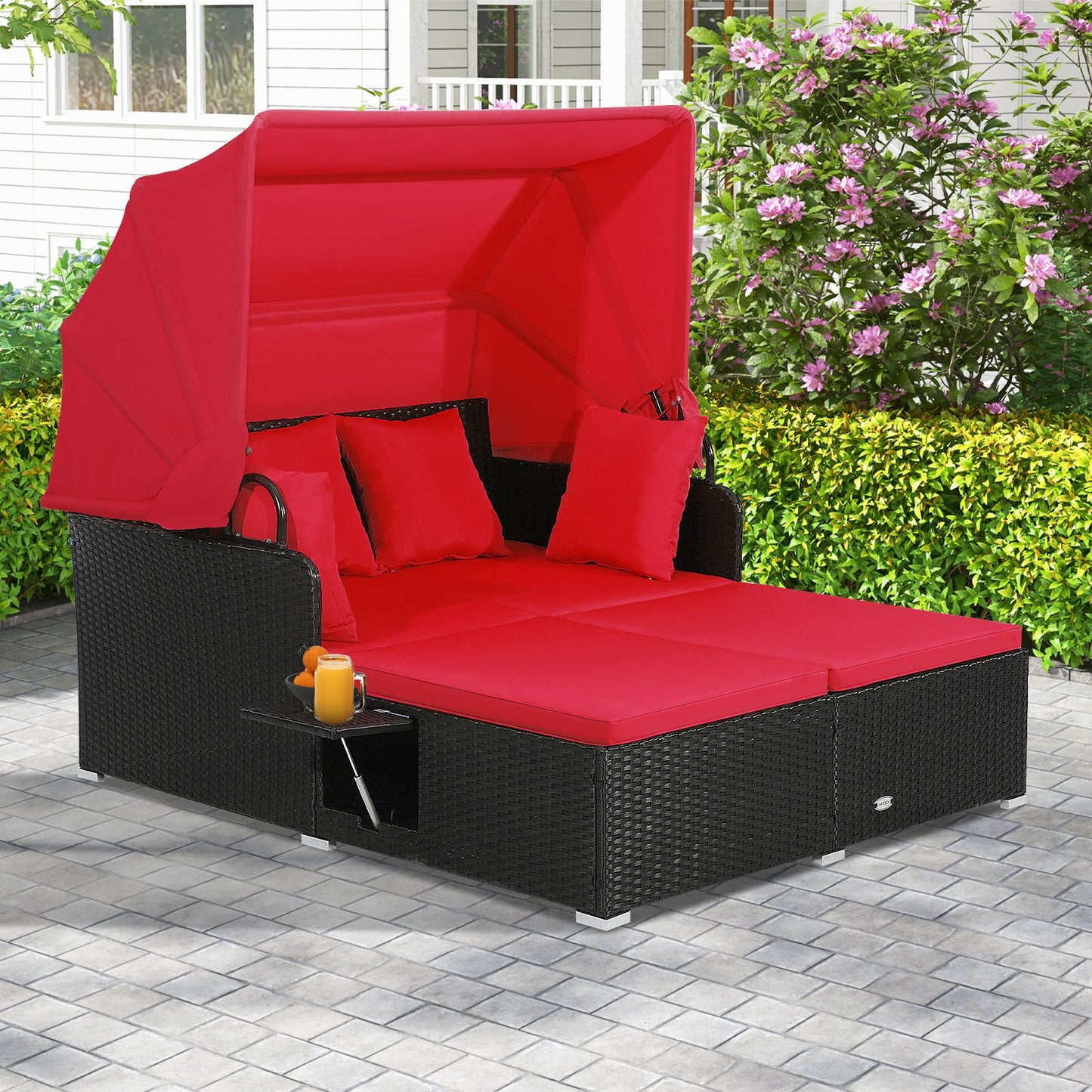 Patio Rattan Daybed with Retractable Canopy and Side Tables, Red Outdoor Sectionals   at Gallery Canada