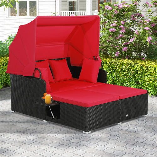 Patio Rattan Daybed with Retractable Canopy and Side Tables, Red