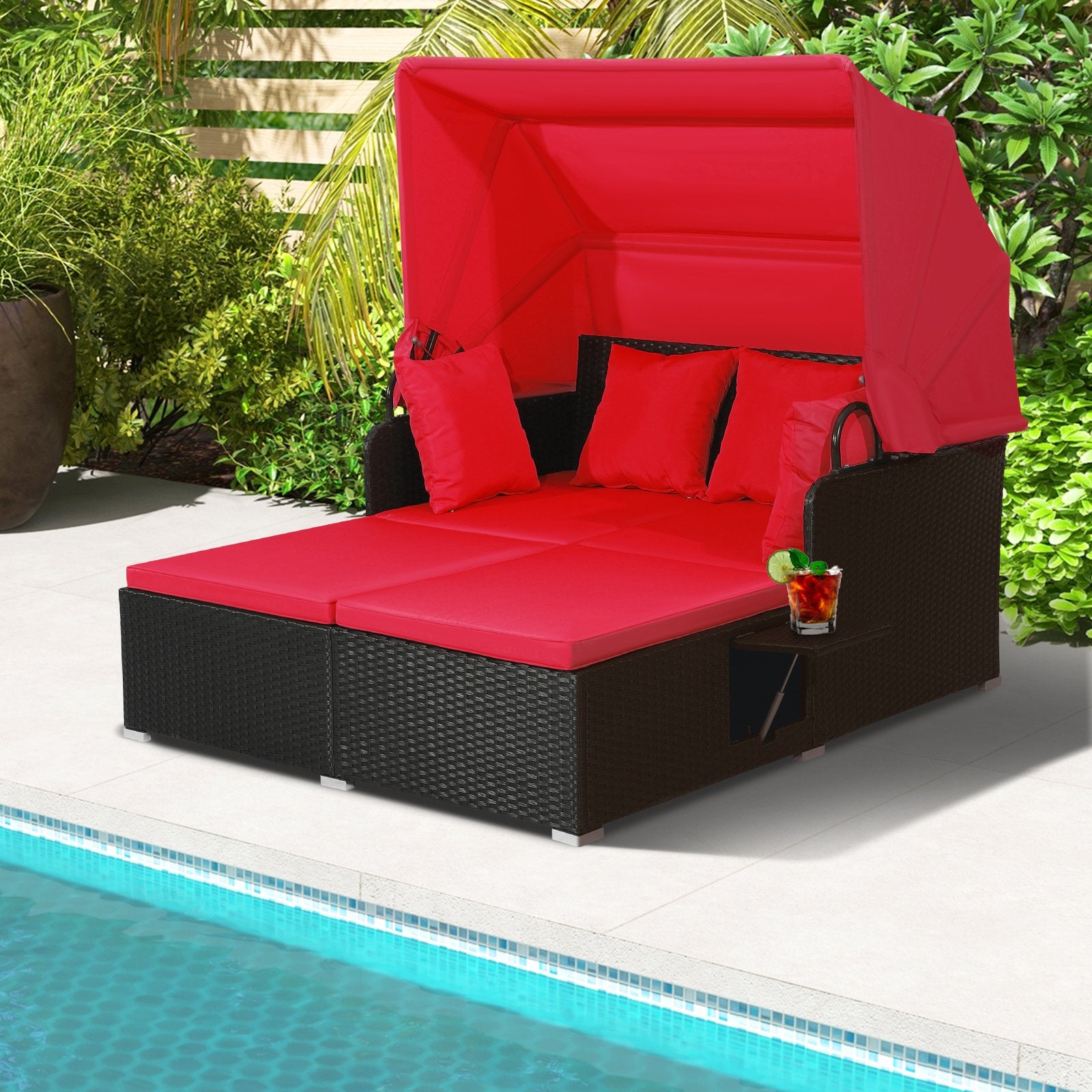 Patio Rattan Daybed with Retractable Canopy and Side Tables, Red Outdoor Sectionals   at Gallery Canada