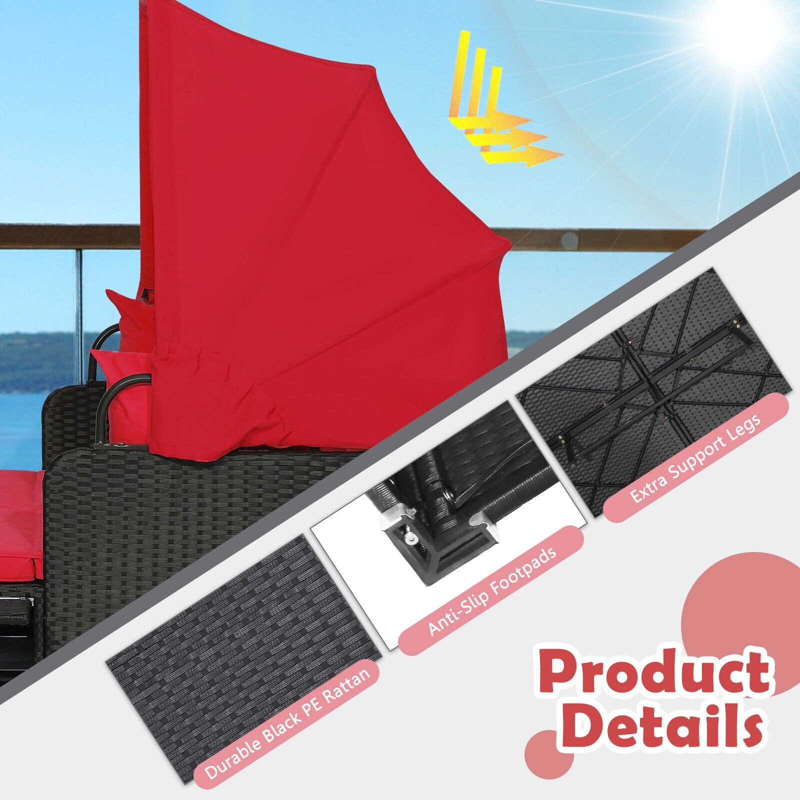 Patio Rattan Daybed with Retractable Canopy and Side Tables, Red Outdoor Sectionals   at Gallery Canada