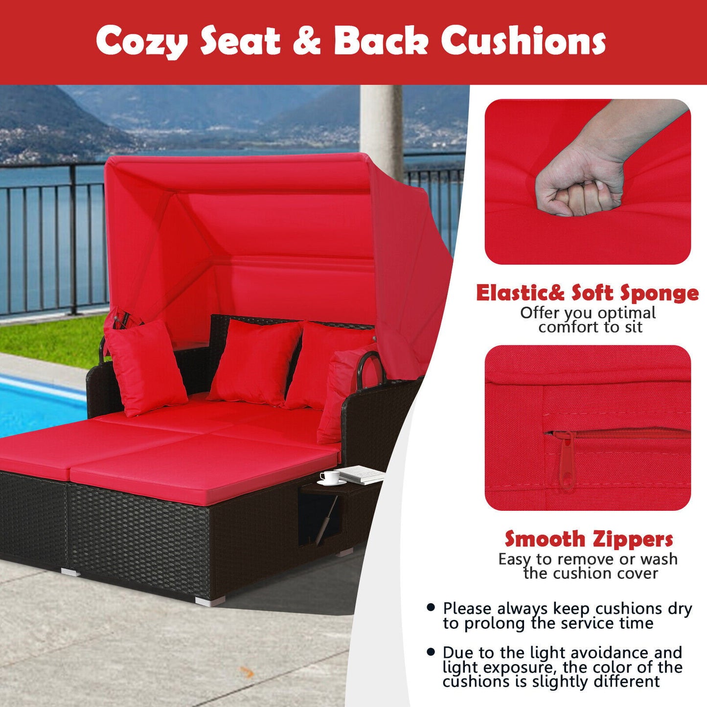 Patio Rattan Daybed with Retractable Canopy and Side Tables, Red Outdoor Sectionals   at Gallery Canada