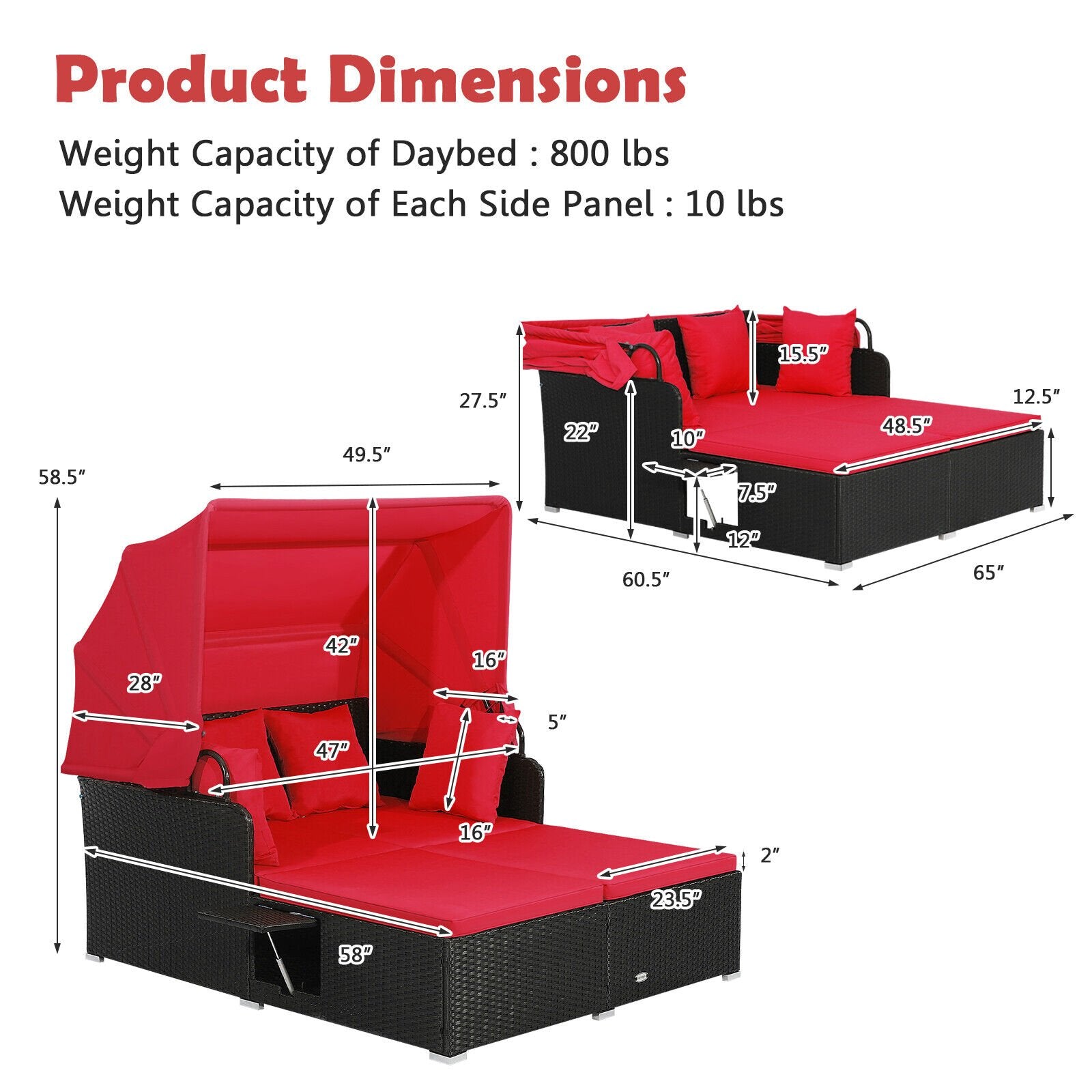 Patio Rattan Daybed with Retractable Canopy and Side Tables, Red Outdoor Sectionals   at Gallery Canada