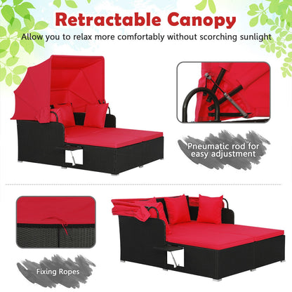 Patio Rattan Daybed with Retractable Canopy and Side Tables, Red Outdoor Sectionals   at Gallery Canada