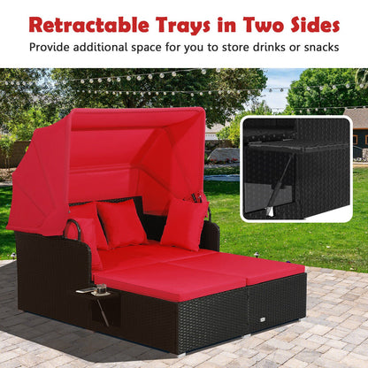 Patio Rattan Daybed with Retractable Canopy and Side Tables, Red Outdoor Sectionals   at Gallery Canada