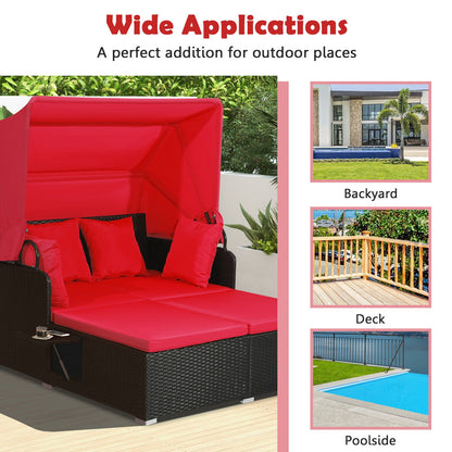 Patio Rattan Daybed with Retractable Canopy and Side Tables, Red Outdoor Sectionals   at Gallery Canada