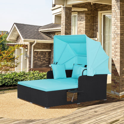 Patio Rattan Daybed with Retractable Canopy and Side Tables, Turquoise Outdoor Sectionals   at Gallery Canada