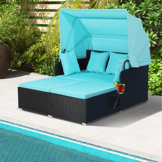 Patio Rattan Daybed with Retractable Canopy and Side Tables, Turquoise Outdoor Sectionals   at Gallery Canada