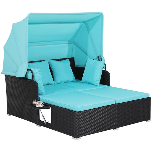 Patio Rattan Daybed with Retractable Canopy and Side Tables, Turquoise Outdoor Sectionals   at Gallery Canada