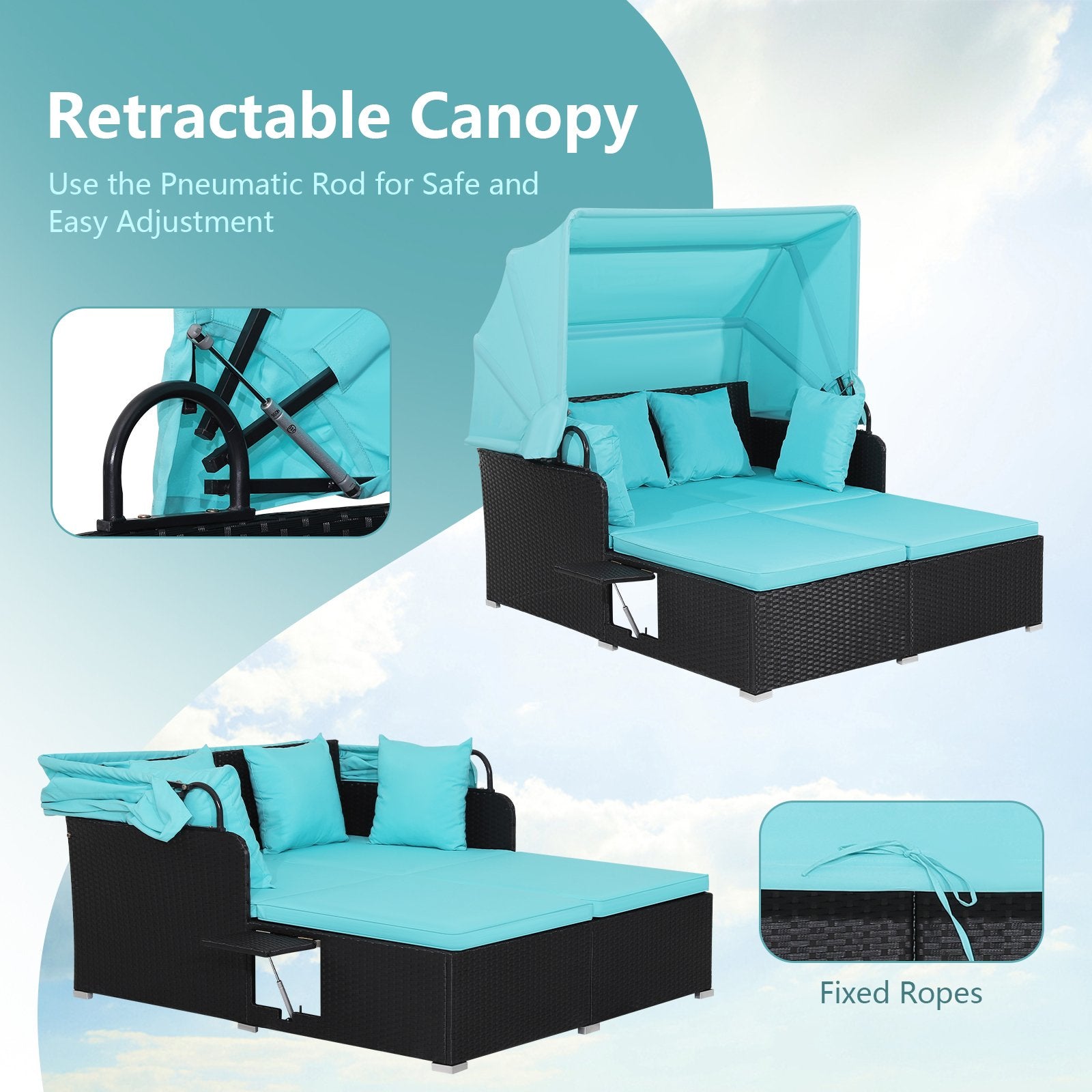 Patio Rattan Daybed with Retractable Canopy and Side Tables, Turquoise Outdoor Sectionals   at Gallery Canada