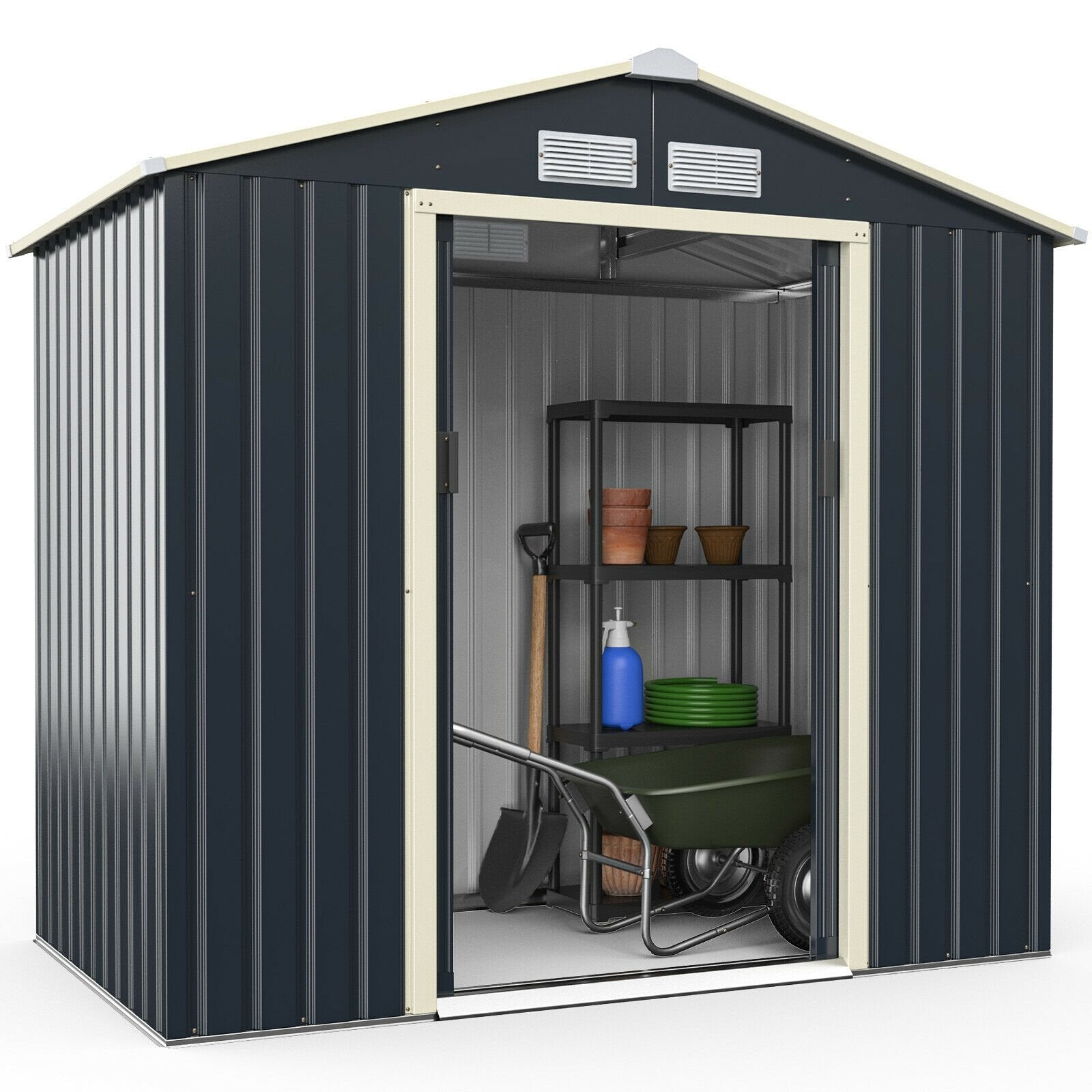 7 Feet x 4 Feet Metal Storage Shed with Sliding Double Lockable Doors, Gray - Gallery Canada