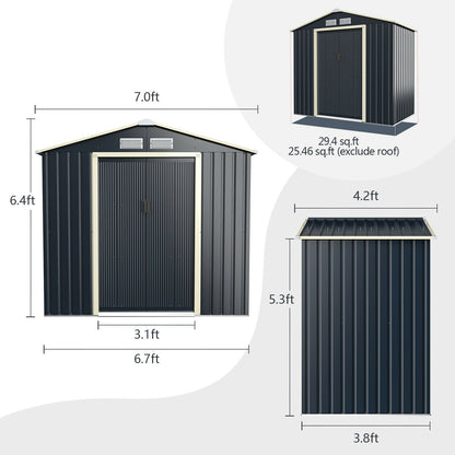 7 Feet x 4 Feet Metal Storage Shed with Sliding Double Lockable Doors, Gray - Gallery Canada