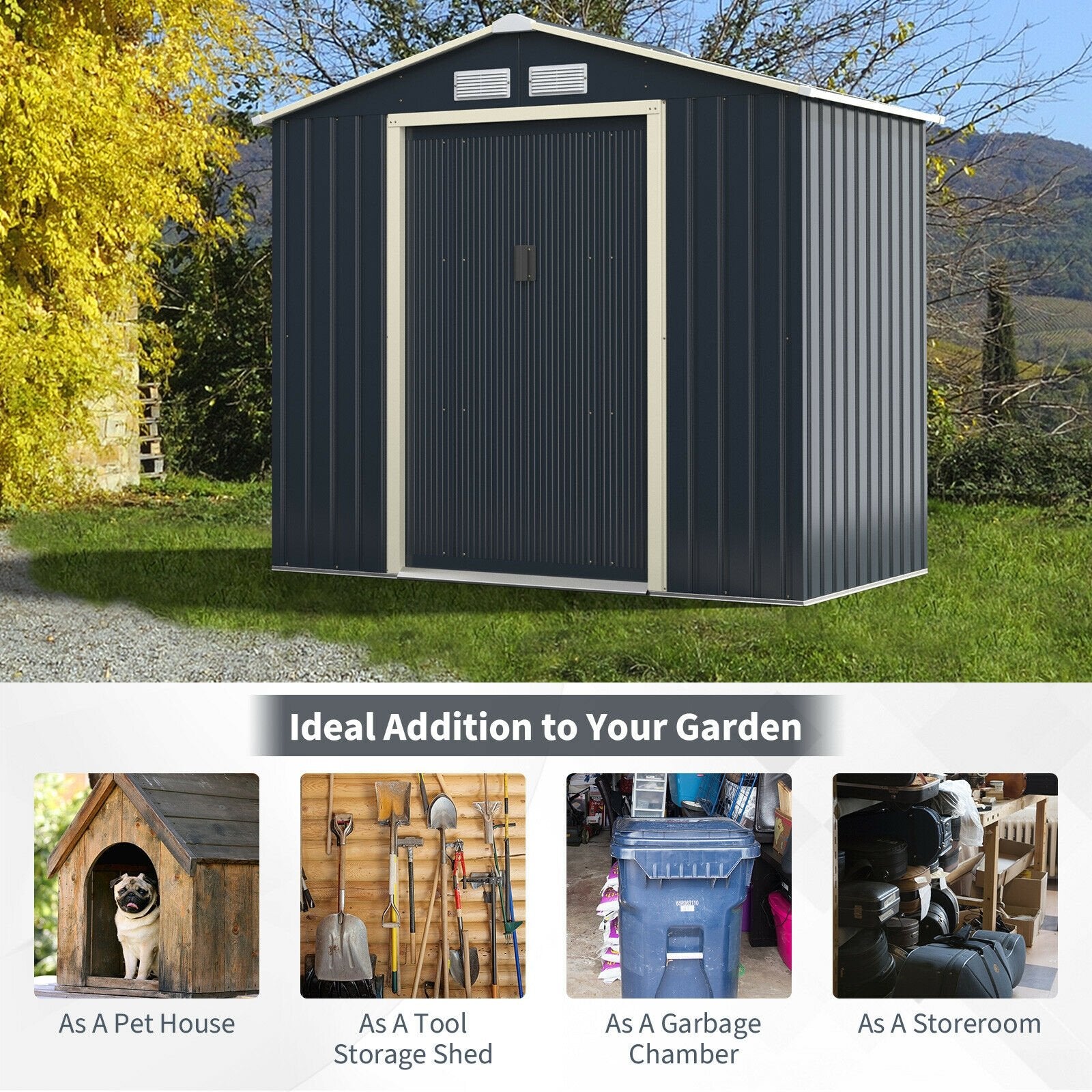 7 Feet x 4 Feet Metal Storage Shed with Sliding Double Lockable Doors, Gray - Gallery Canada