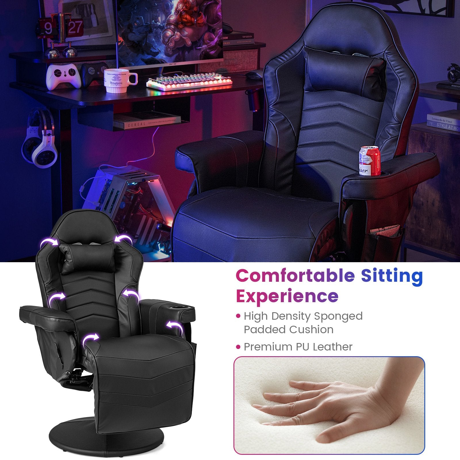 Massage Video Gaming Recliner Chair with Adjustable Height, Black Gaming Chairs   at Gallery Canada