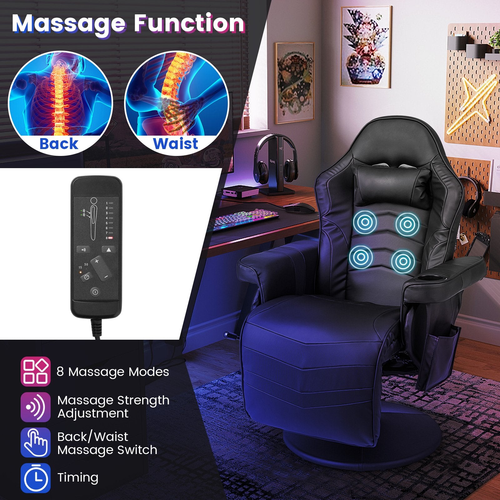 Massage Video Gaming Recliner Chair with Adjustable Height, Black Gaming Chairs   at Gallery Canada