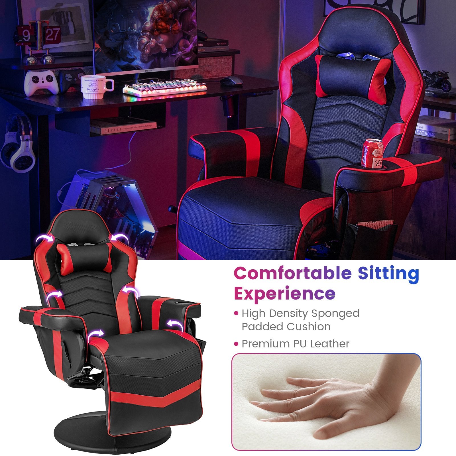 Massage Video Gaming Recliner Chair with Adjustable Height, Red Gaming Chairs   at Gallery Canada