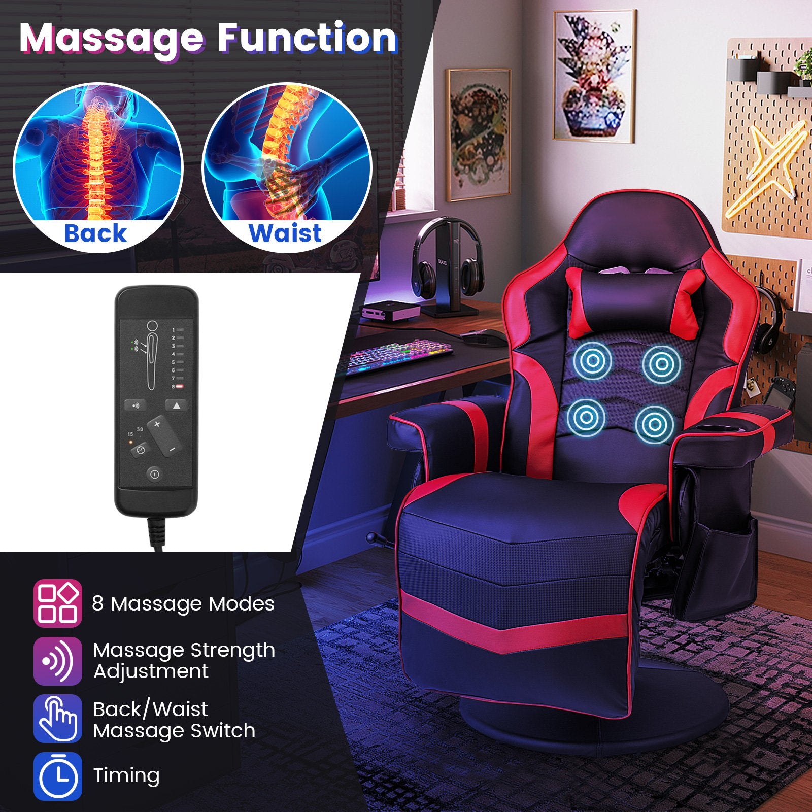 Massage Video Gaming Recliner Chair with Adjustable Height, Red Gaming Chairs   at Gallery Canada