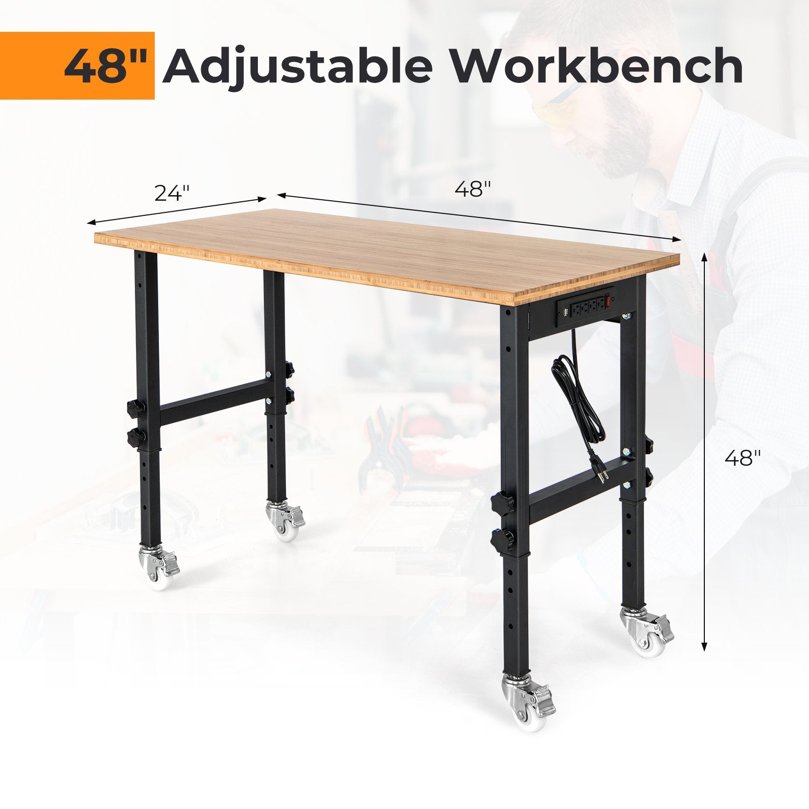 48"×24" Adjustable Height Mobile Workbench with Caster, Natural Sewing Tables   at Gallery Canada