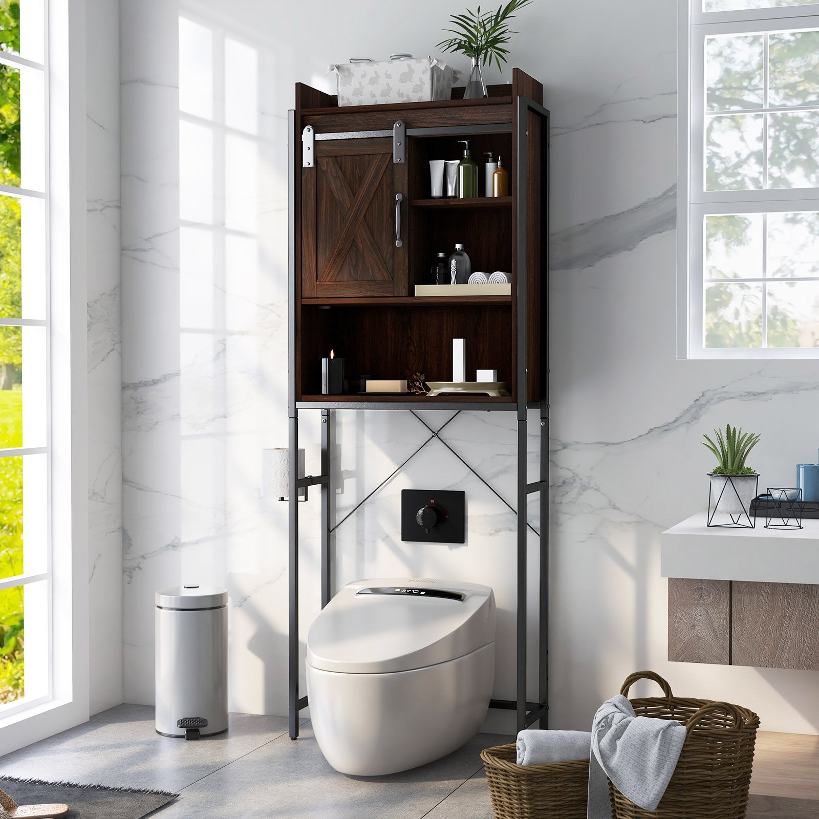 4-Tier Multifunctional Toilet Sorage Cabinet with Adjustable Shelf and Sliding Barn Door, Brown Bathroom Etagere   at Gallery Canada