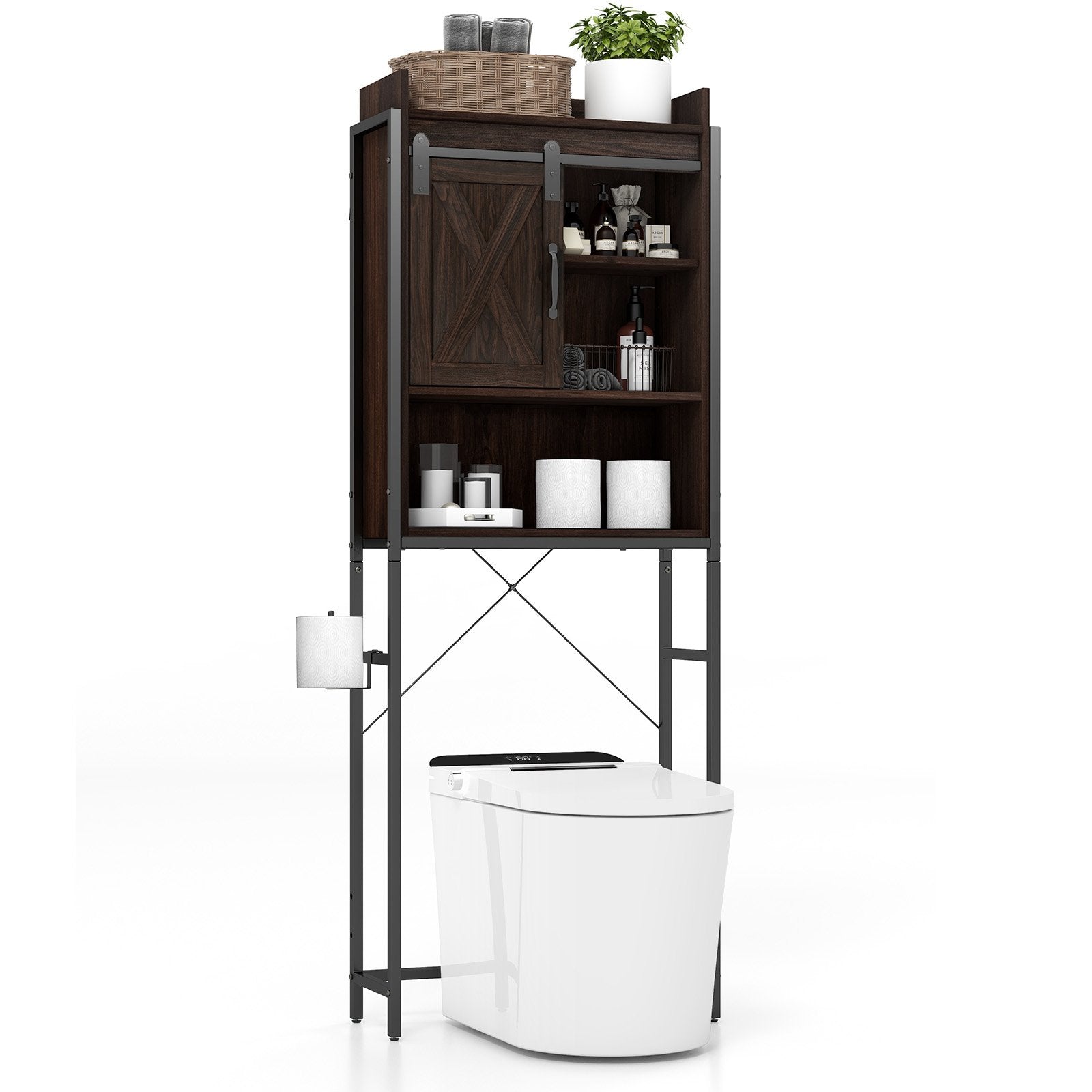 4-Tier Multifunctional Toilet Sorage Cabinet with Adjustable Shelf and Sliding Barn Door, Brown Bathroom Etagere   at Gallery Canada