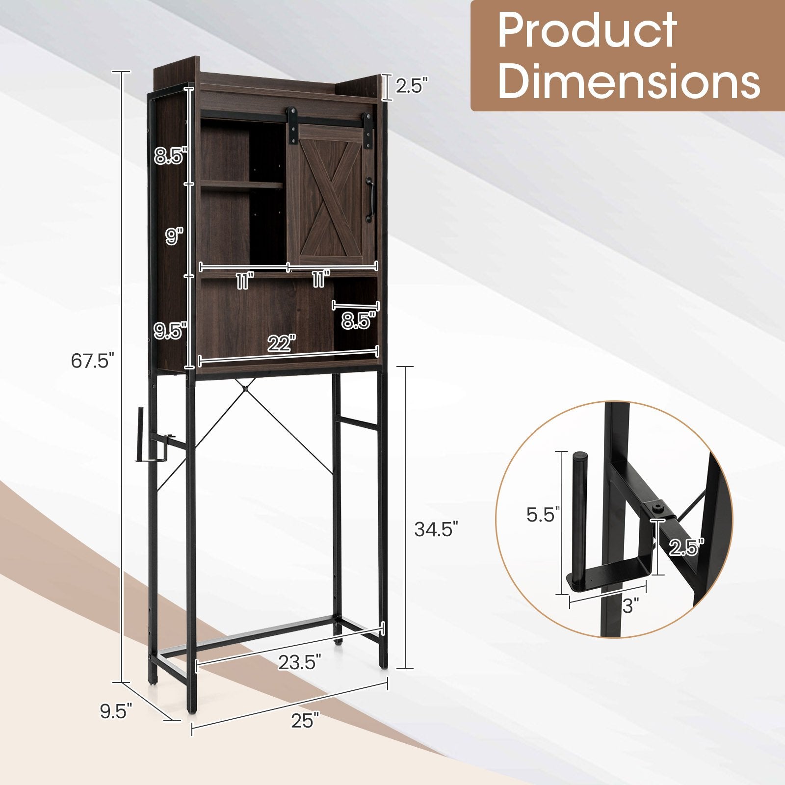 4-Tier Multifunctional Toilet Sorage Cabinet with Adjustable Shelf and Sliding Barn Door, Brown Bathroom Etagere   at Gallery Canada