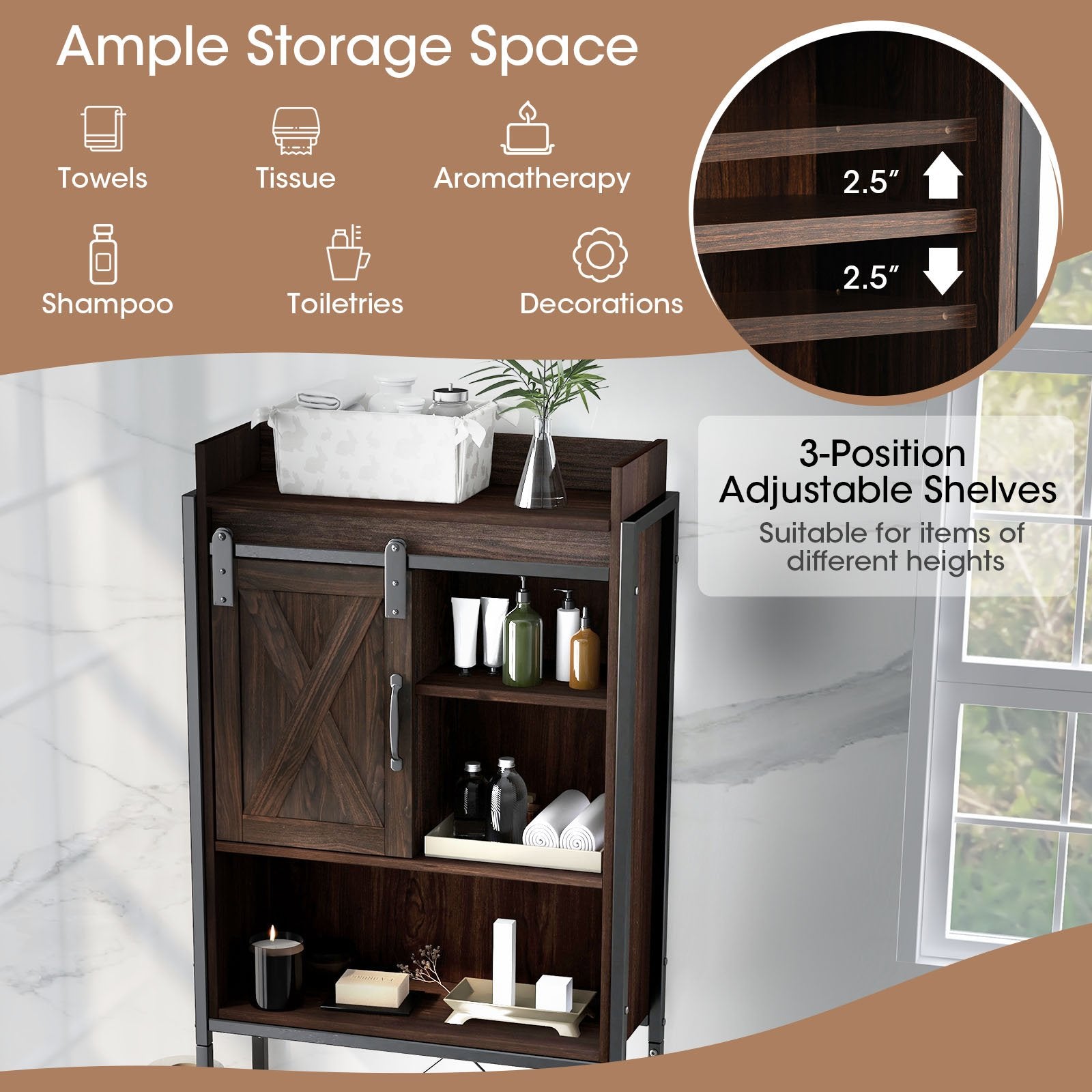 4-Tier Multifunctional Toilet Sorage Cabinet with Adjustable Shelf and Sliding Barn Door, Brown Bathroom Etagere   at Gallery Canada