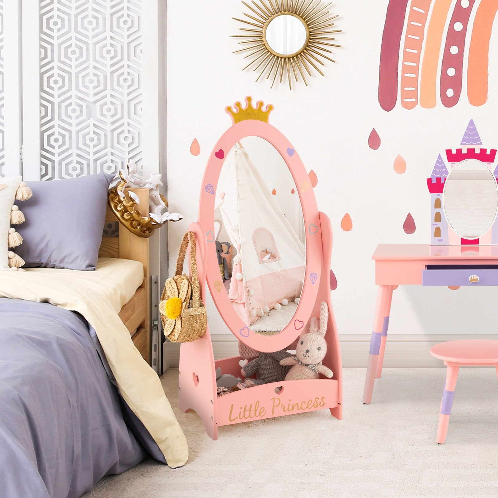 Kids Full Length Mirror with 360 Degree Rotatable Design and Shelf, Pink Kids Vanities   at Gallery Canada