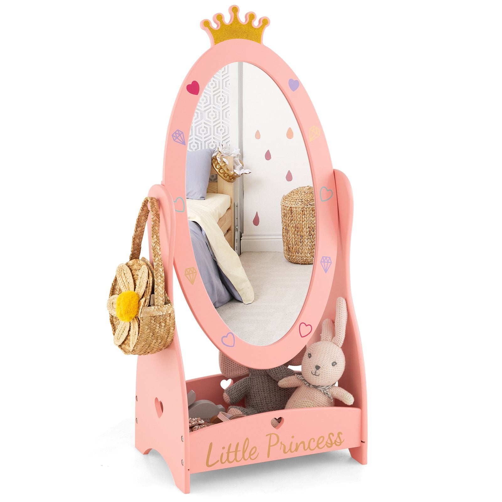 Kids Full Length Mirror with 360 Degree Rotatable Design and Shelf, Pink Kids Vanities   at Gallery Canada