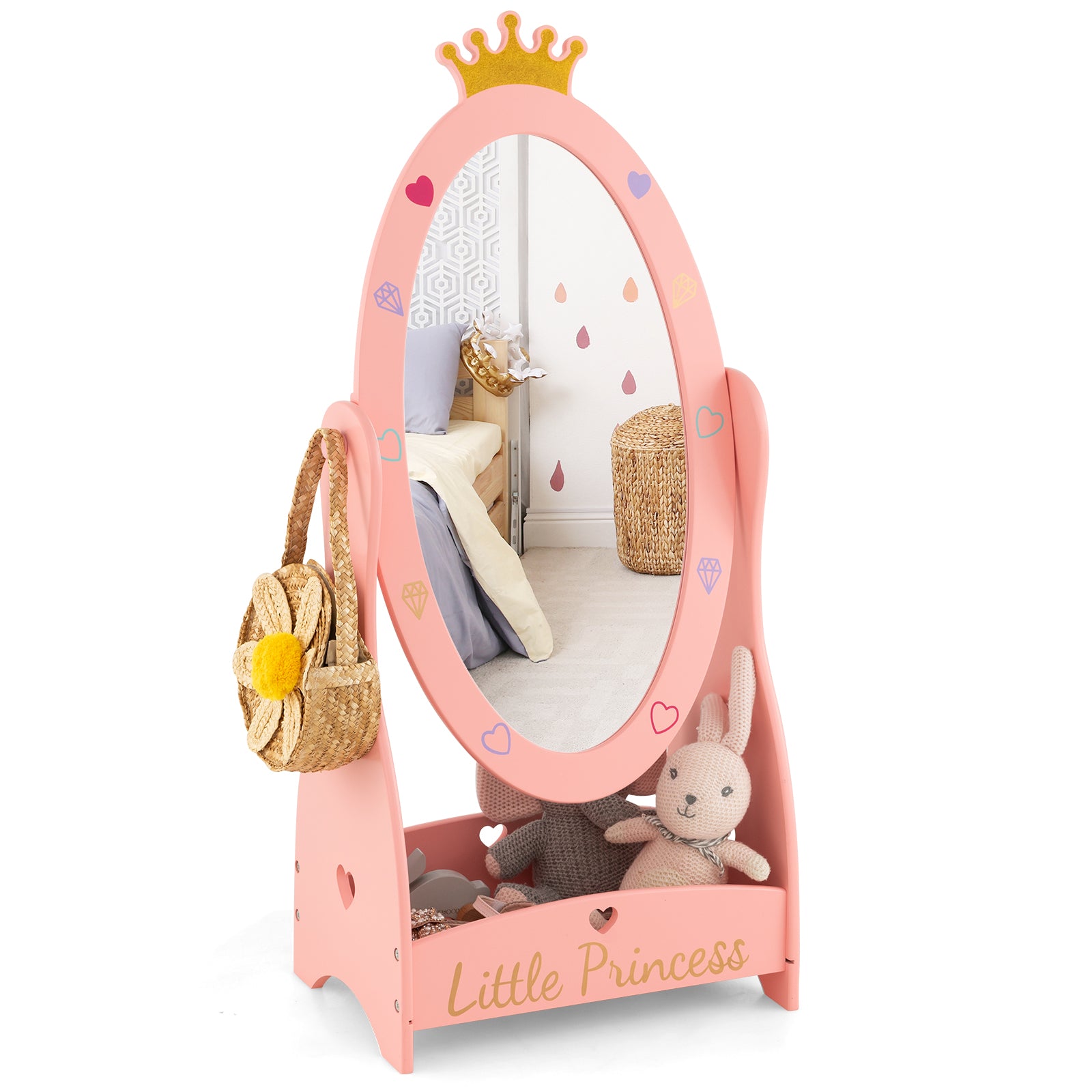 Kids Full Length Mirror with 360 Degree Rotatable Design and Shelf, Pink Kids Vanities at Gallery Canada