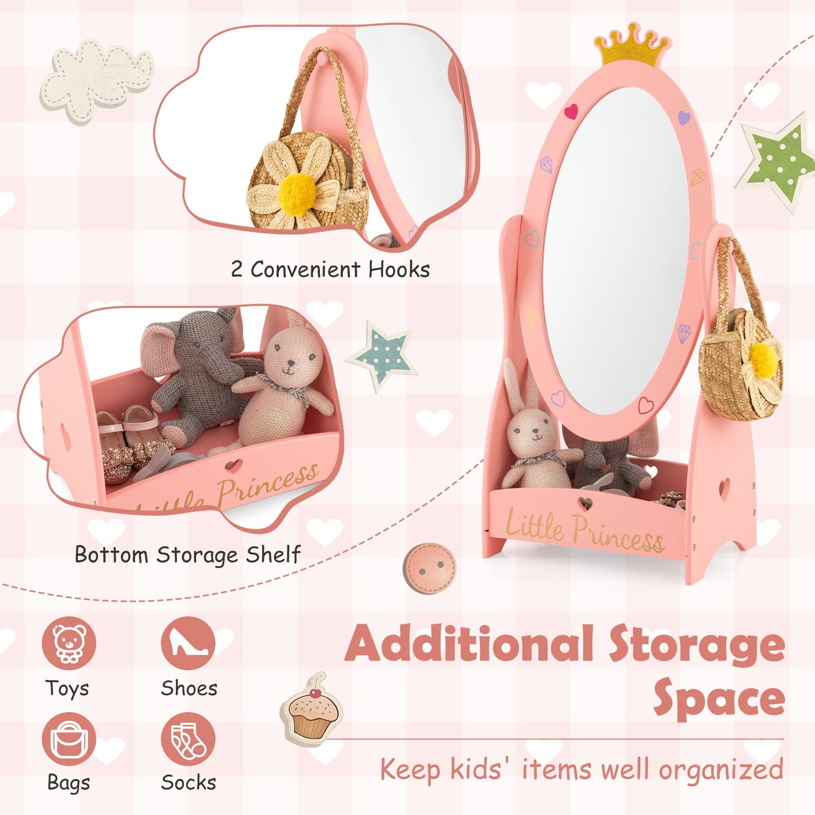 Kids Full Length Mirror with 360 Degree Rotatable Design and Shelf, Pink Kids Vanities   at Gallery Canada