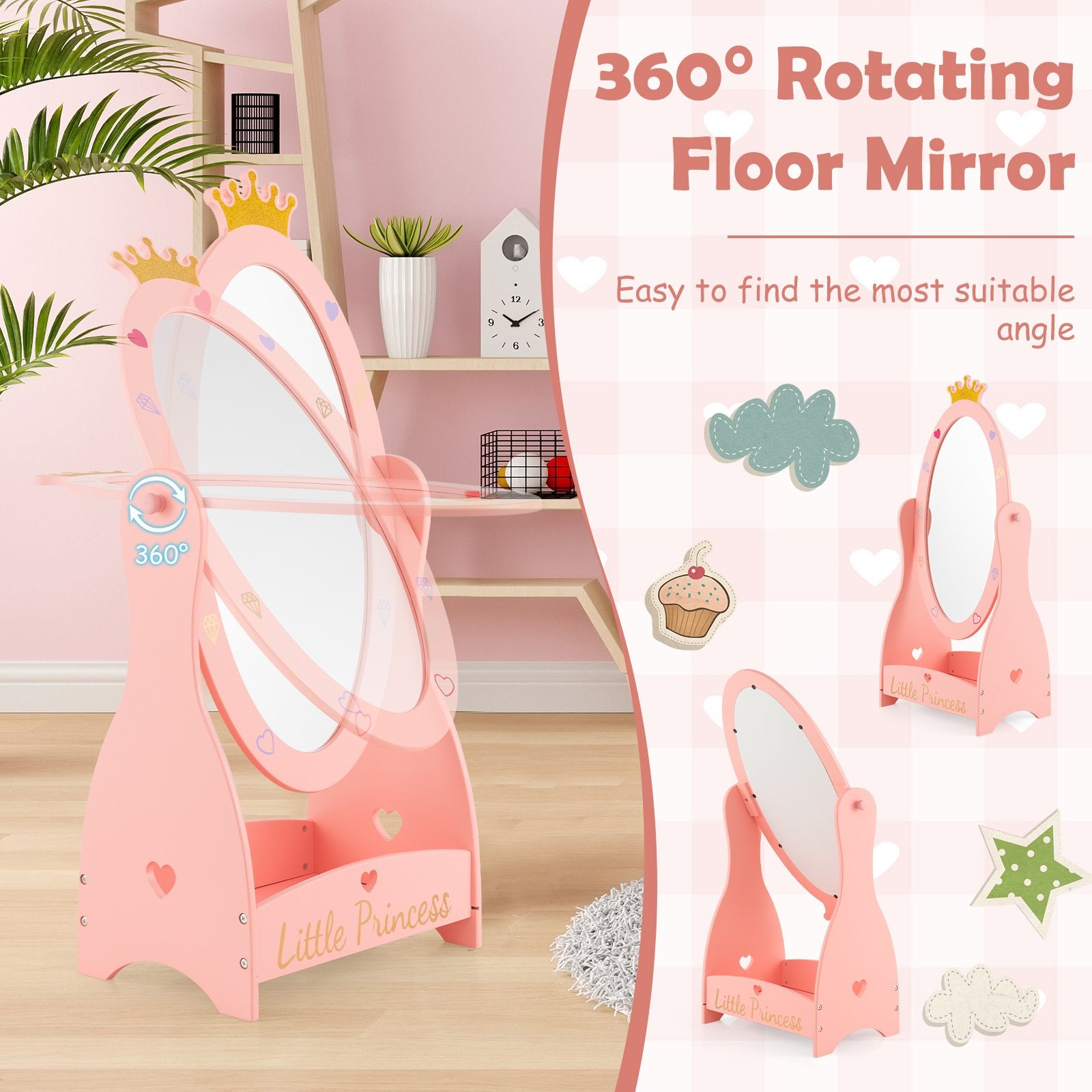 Kids Full Length Mirror with 360 Degree Rotatable Design and Shelf, Pink Kids Vanities   at Gallery Canada